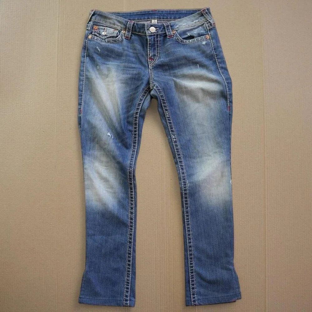 True Religion Big T Flap Jeans Men Sz 30 Medium Wash Bootcut Horseshoe Split Leg